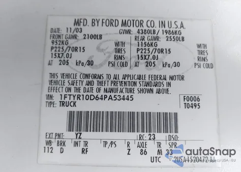 2004 Ford Ranger Xl/Xlt из США, поврежденный, VIN 1FTYR10D64PA53445